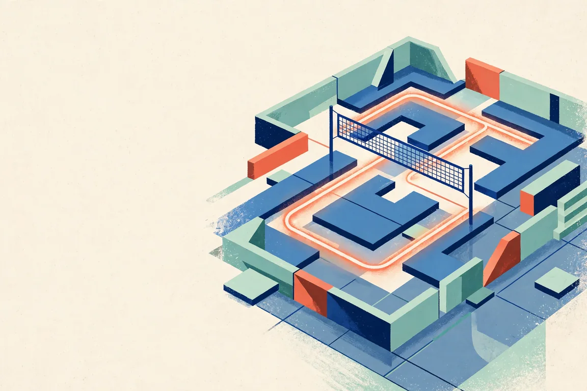 Broad abstract court with a softly glowing path